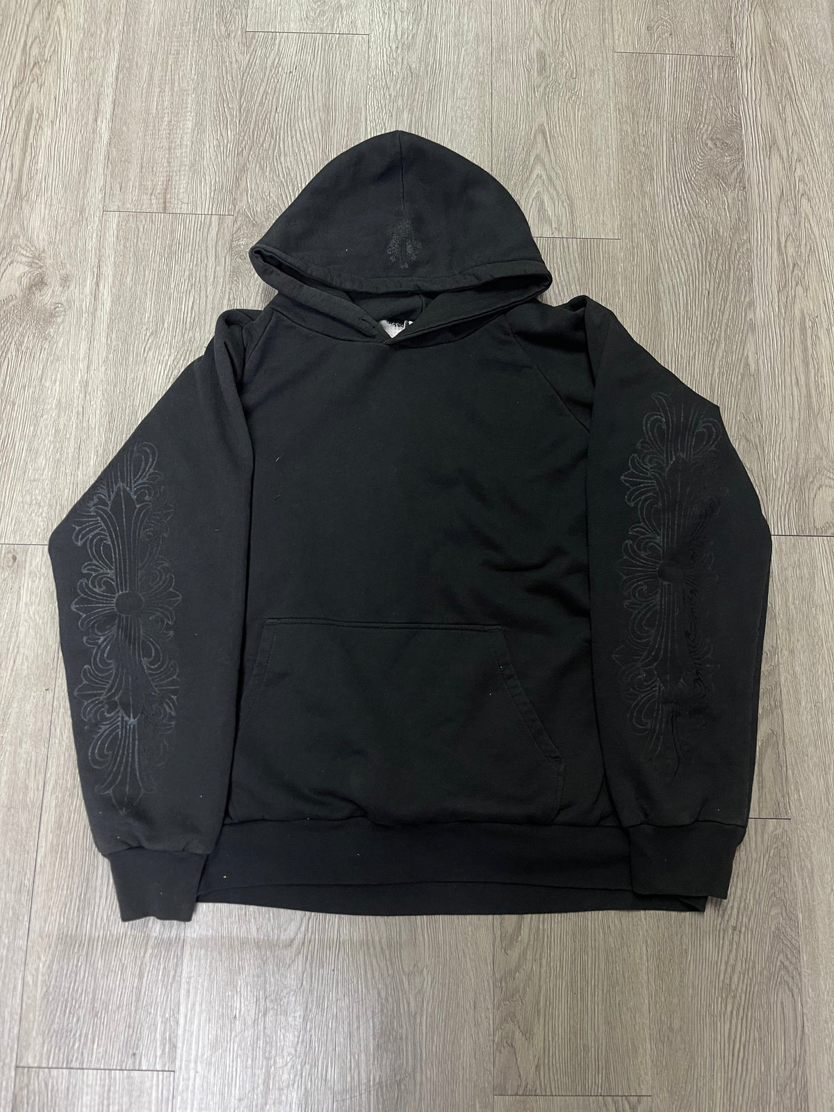 Chrome Hearts Vintage Black Tonal Floral Horseshoe Thermal Hoodie