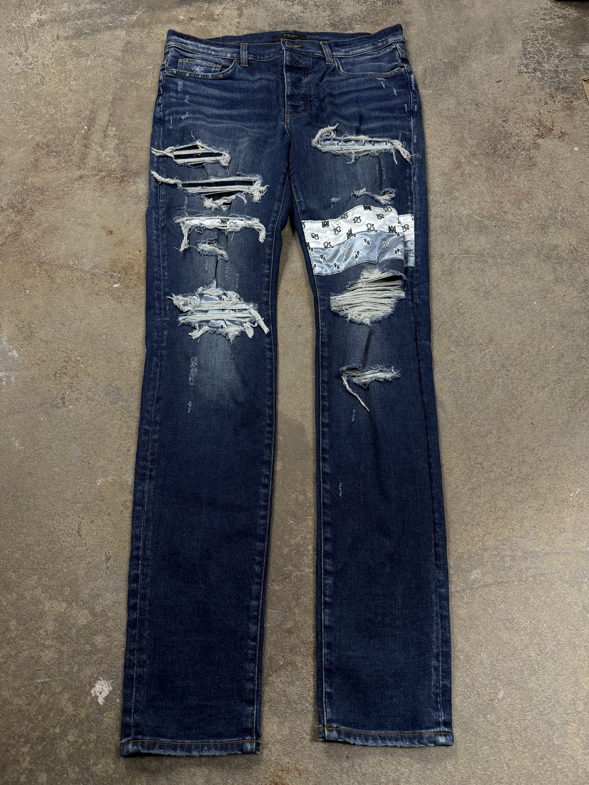 Amiri Jeans Patchwork Navy Paisley Used 36