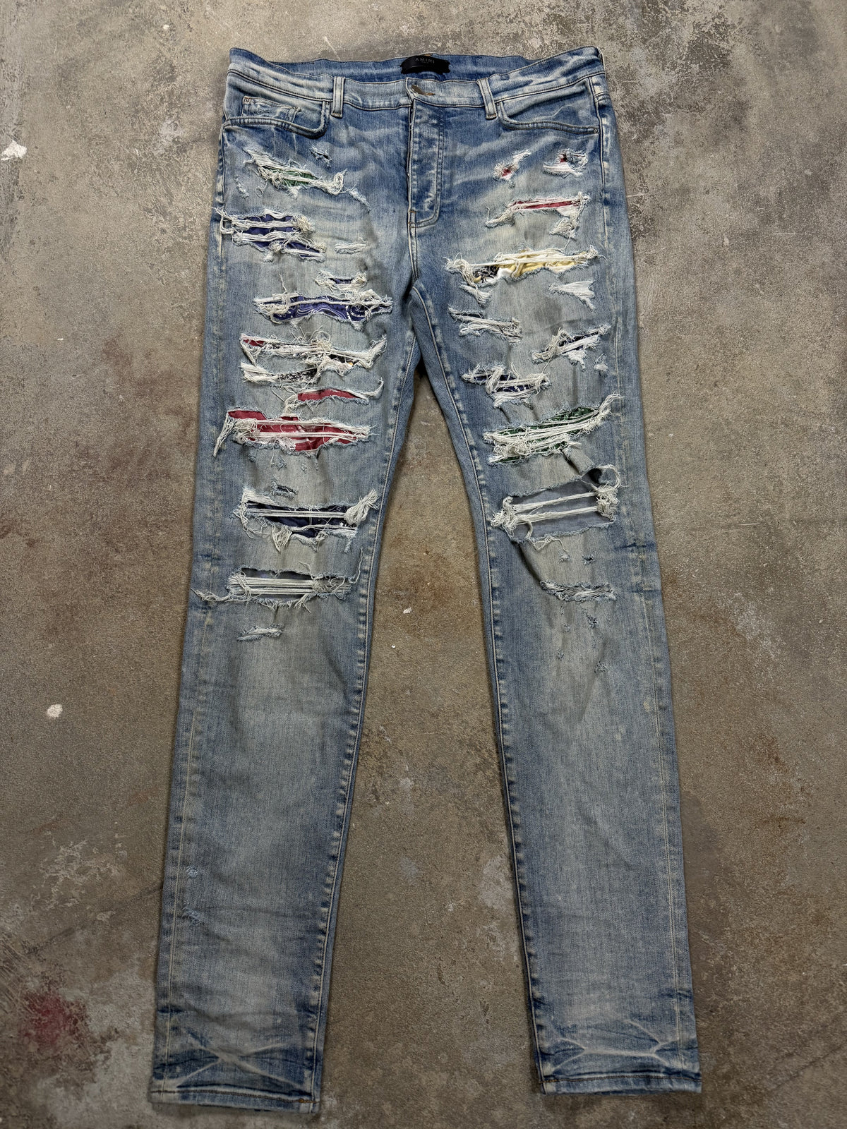 Amiri Jeans Thrasher Light Wash Rainbow Paisley Patch